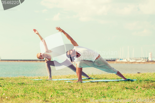 Image of smiling couple making yoga exercises outdoors