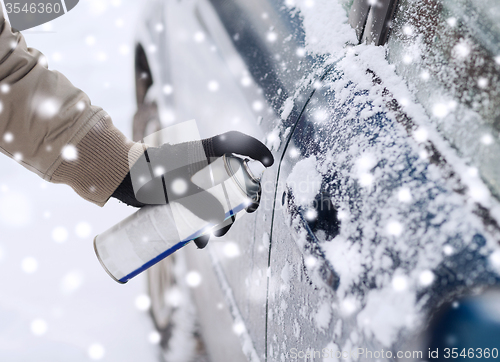 Image of closeup of man hand with lock door de-icer