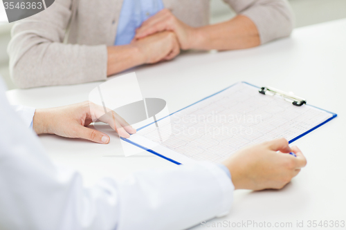 Image of close up of senior woman and doctor with clipboard