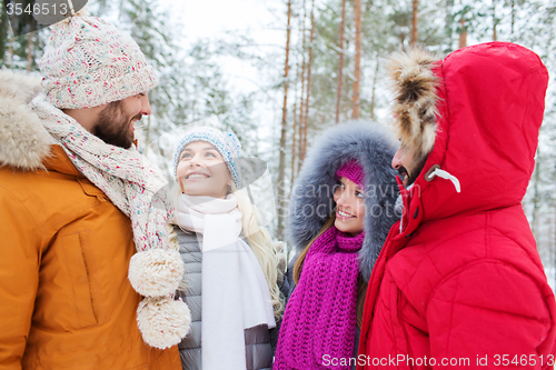 Image of group of smiling men and women in winter forest