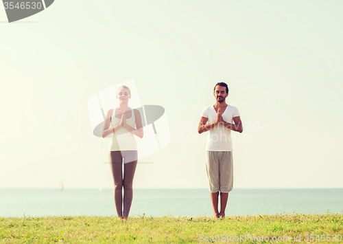 Image of smiling couple making yoga exercises outdoors