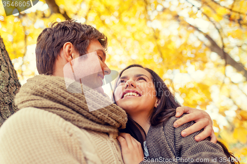 Image of smiling couple hugging in autumn park