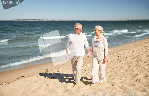 Image of happy senior couple walking along summer beach