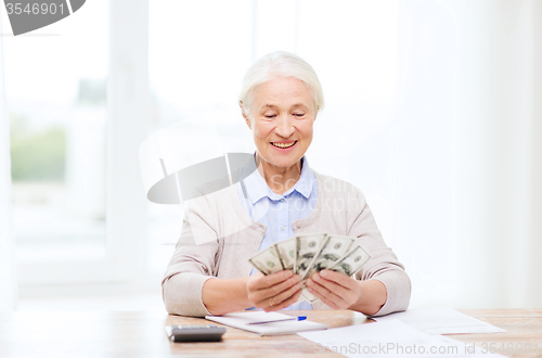 Image of senior woman with money and papers at home