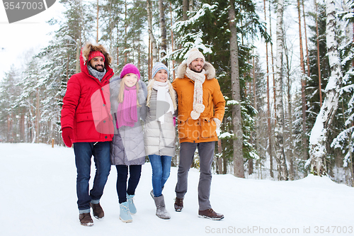 Image of group of smiling men and women in winter forest