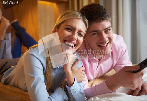 Image of young couple in modern hotel room