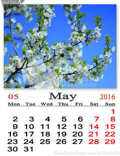 Image of calendar for May 2016 with flying bumblebee