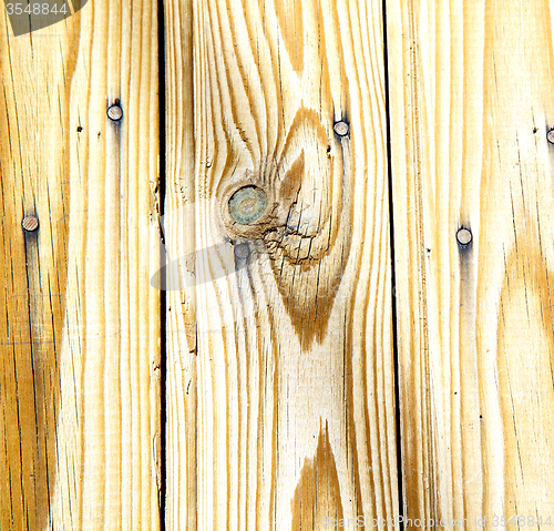 Image of nail dirty stripped paint in the brown wood door and rusty  yell