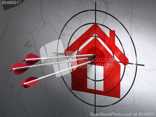 Image of Business concept: arrows in Home target on wall background