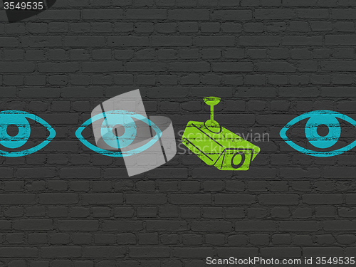 Image of Protection concept: cctv camera icon on wall background