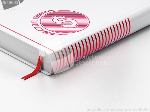 Image of Money concept: closed book, Dollar Coin on white background