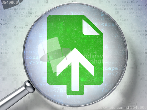 Image of Web development concept: Upload with optical glass on digital background