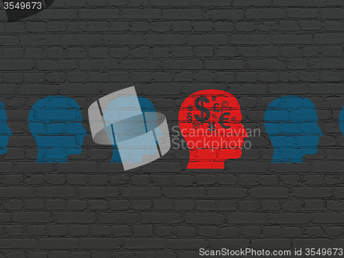 Image of Finance concept: head with finance symbol icon on wall background