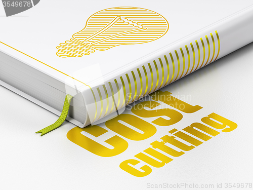 Image of Finance concept: book Light Bulb, Cost Cutting on white background