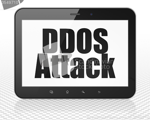 Image of Safety concept: Tablet Pc Computer with DDOS Attack on display