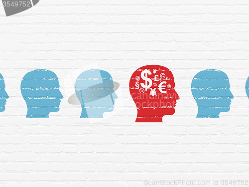 Image of Finance concept: head with finance symbol icon on wall background