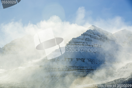 Image of Snowy mountain landscape, East Iceland