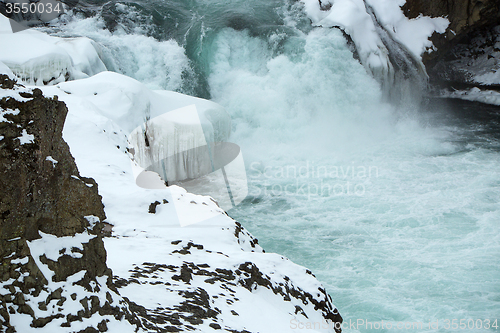 Image of Closeup of frozen waterfall Godafoss, Iceland