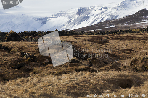 Image of Snowy volcanic landscape at peninsula Snaefellsness, Iceland