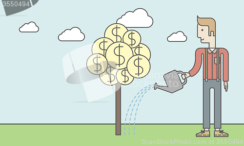 Image of Man watering money tree.