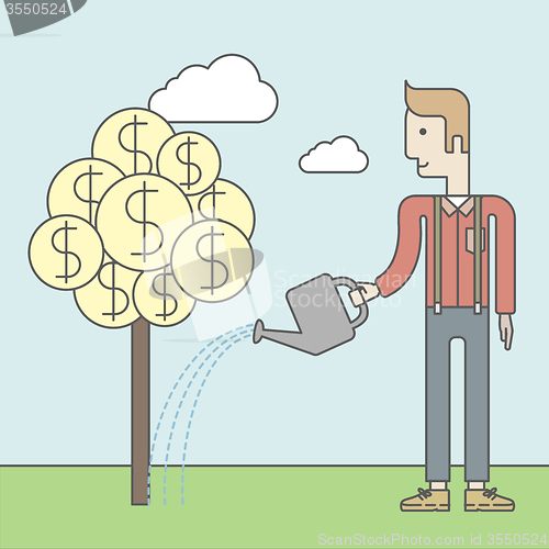 Image of Man watering money tree.