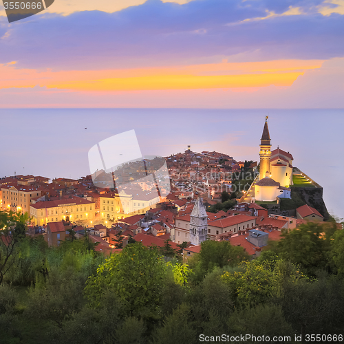 Image of Picturesque old town Piran in sunset, Slovenia.