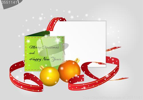 Image of christmas card with balls and ribbons