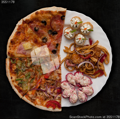 Image of pizza and sushi f