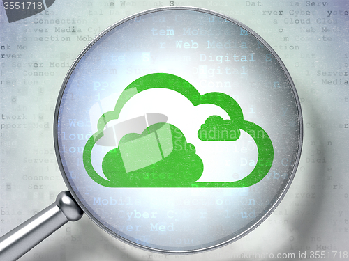 Image of Cloud computing concept: Cloud with optical glass on digital background