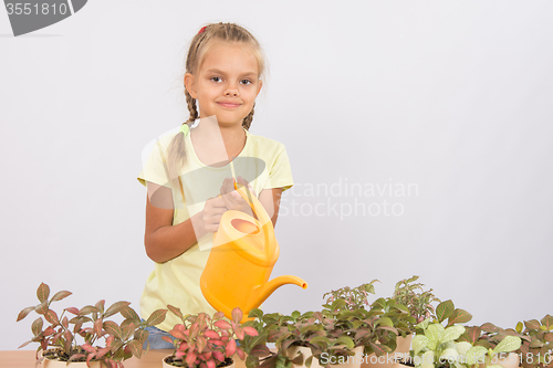 Image of Six-year girl watering potted plants