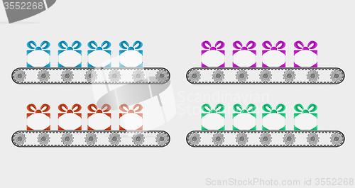 Image of four conveyer belts and gifts