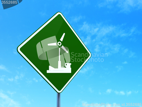 Image of Industry concept: Windmill on road sign background