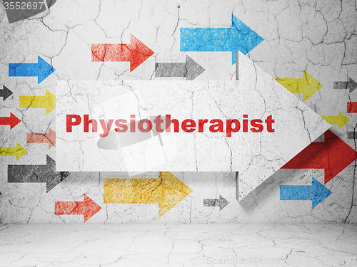 Image of Medicine concept: arrow with Physiotherapist on grunge wall background