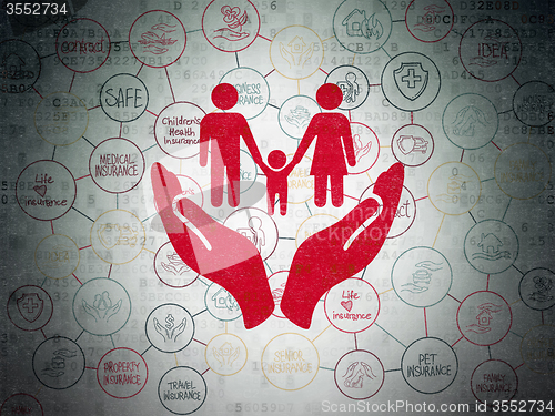 Image of Insurance concept: Family And Palm on Digital Paper background