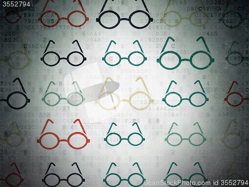 Image of Education concept: Glasses icons on Digital Paper background