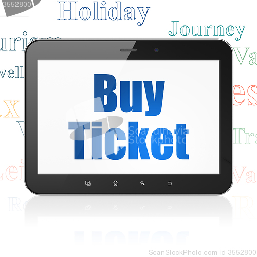 Image of Travel concept: Tablet Computer with Buy Ticket on display