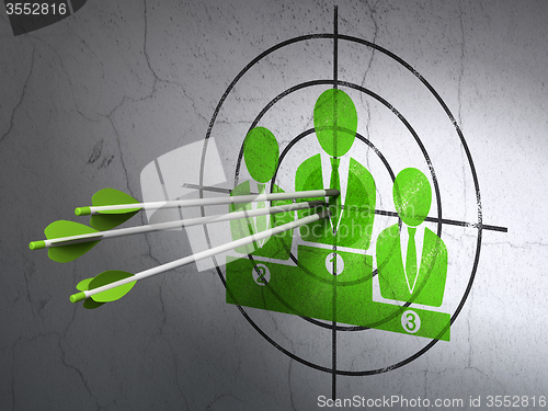 Image of Law concept: arrows in Business Team target on wall background