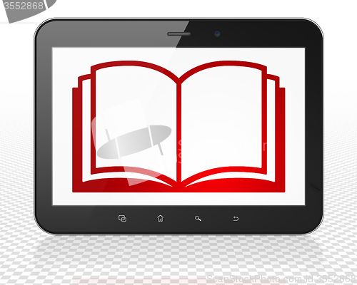 Image of Science concept: Tablet Pc Computer with Book on display