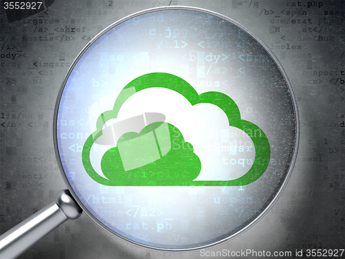 Image of Cloud technology concept: Cloud with optical glass on digital background