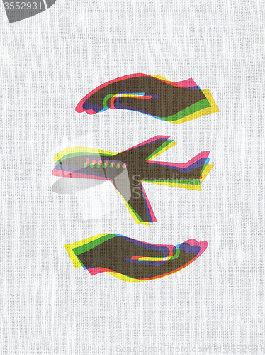 Image of Insurance concept: Airplane And Palm on fabric texture background