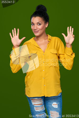 Image of Woman showing nine fingers