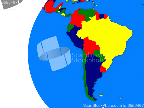 Image of South american continent on political globe