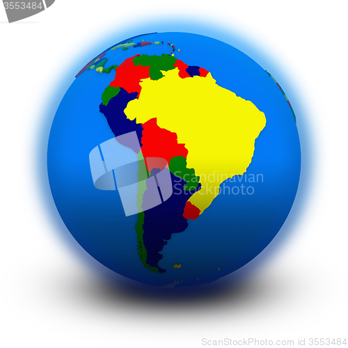 Image of south America on political globe