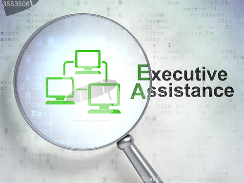 Image of Finance concept: Lan Computer Network and Executive Assistance with optical glass