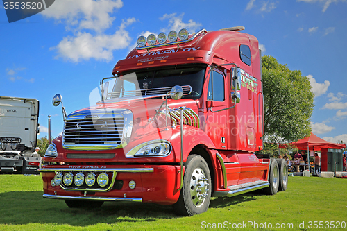 Image of Red Frightliner Truck Tractor on Display