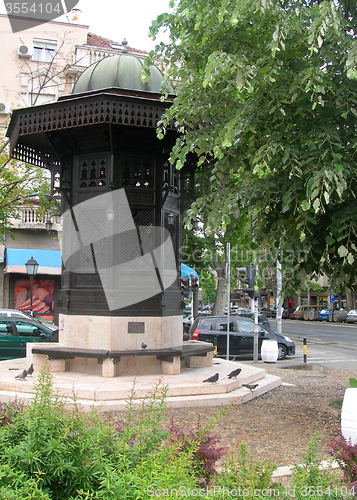 Image of    old style street kiosk for signs posters in Old Town Belgrade