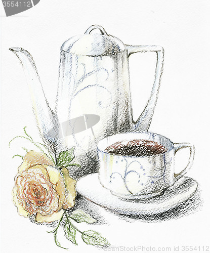 Image of Illustration of the beautiful menu with a coffee pot and a rose.