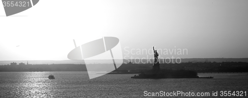 Image of Liberty Statue in New York panorama bw