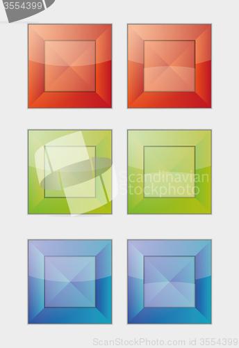 Image of six color square badges or buttons