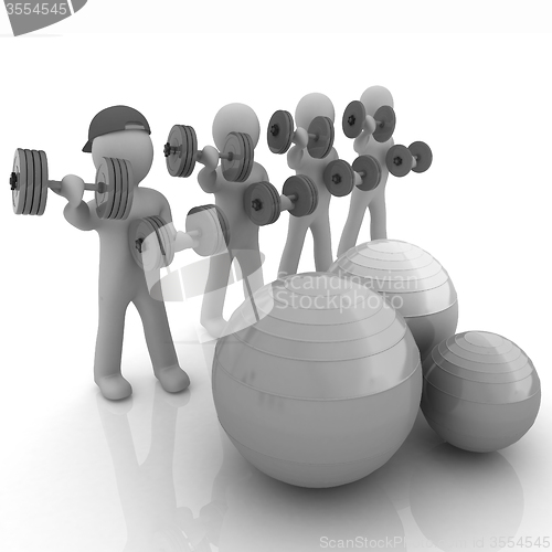 Image of 3d mans with fitness balls and dumbells